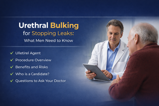 Doctor discussing urethral bulking treatment for urinary leakage with an older male patient during a medical consultation.